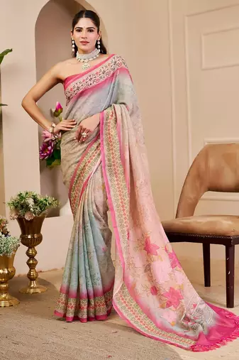 Pink cotton blend floral print saree with blouse