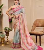 Pink cotton blend floral print saree with blouse
