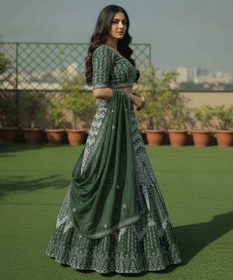 Green Color Faux Georgette Fabric Sequins Embroidered Partywear Lehenga Choli For Girls Wedding Looks 4