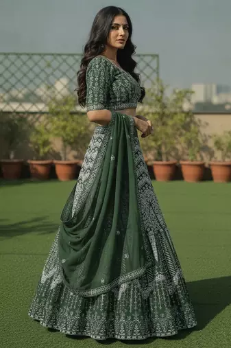 Green Color Faux Georgette Fabric Sequins Embroidered Partywear Lehenga Choli For Girls Wedding Looks