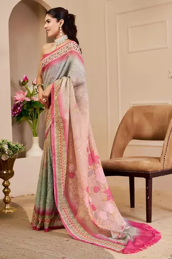 Pink cotton blend floral print saree with blouse