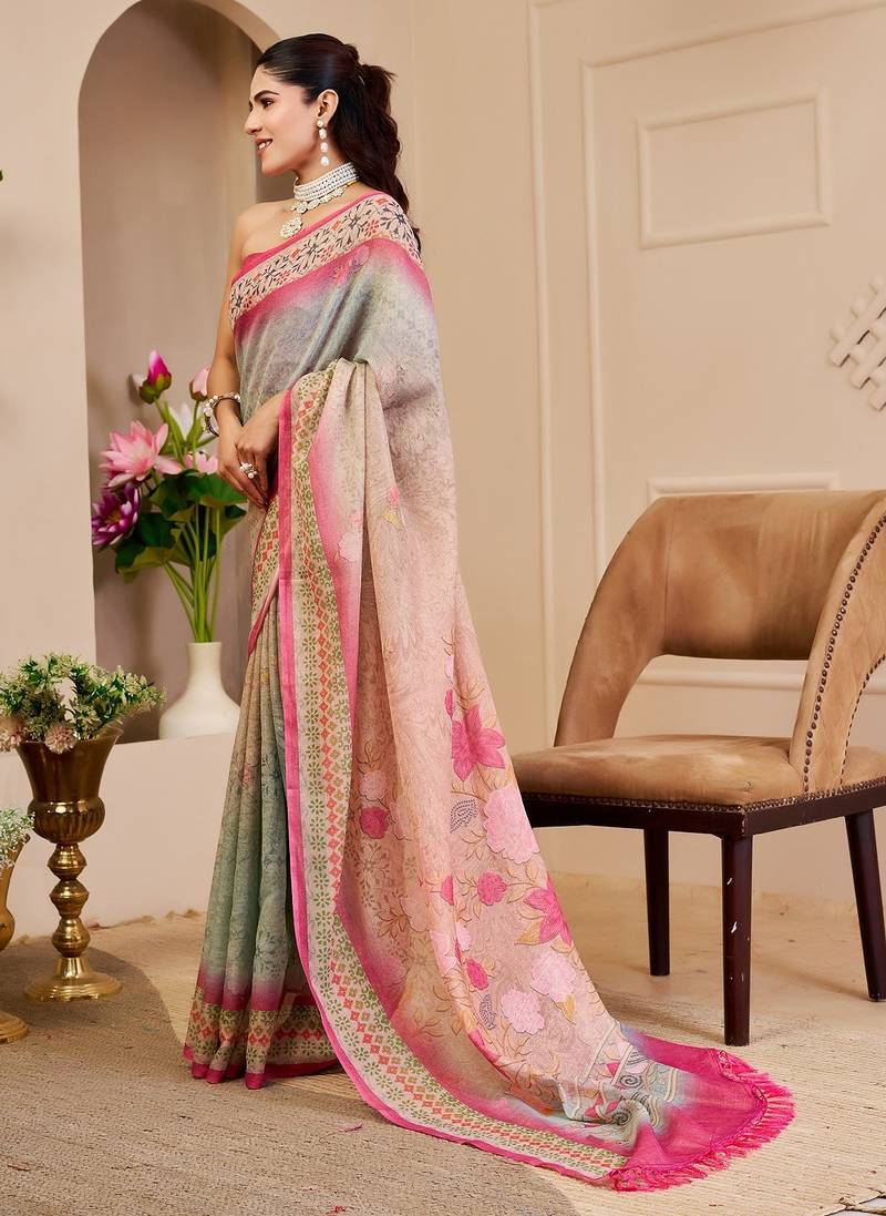 Pink cotton blend floral print saree with blouse