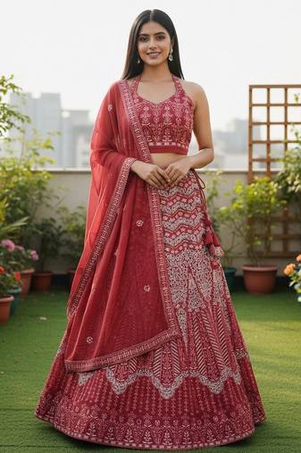 Red Faux Georgette Sequins Embroidered Partywear Lehenga Choli For Girls Wedding Looks