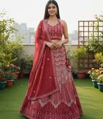 Red Color Faux Georgette Fabric Sequins Embroidered Partywear Lehenga Choli For Girls Wedding Looks