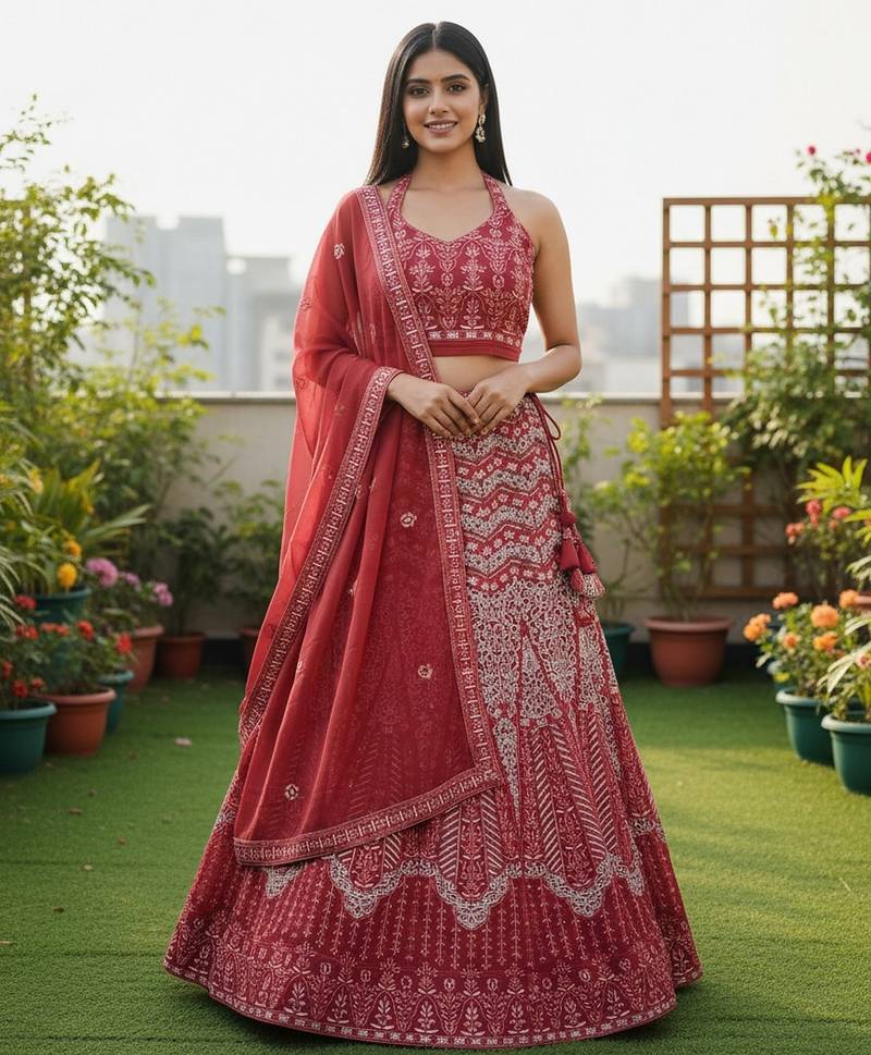 Red Color Faux Georgette Fabric Sequins Embroidered Partywear Lehenga Choli For Girls Wedding Looks