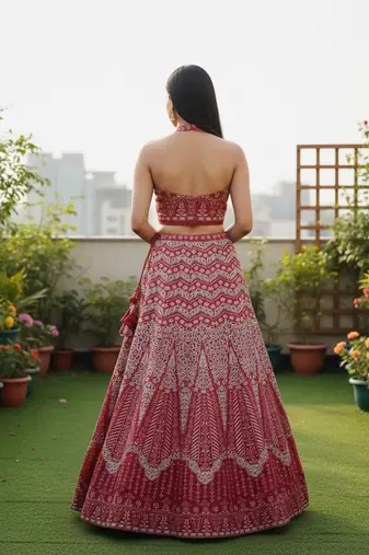 Red Color Faux Georgette Fabric Sequins Embroidered Partywear Lehenga Choli For Girls Wedding Looks