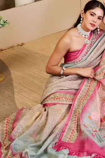 Pink cotton blend floral print saree with blouse