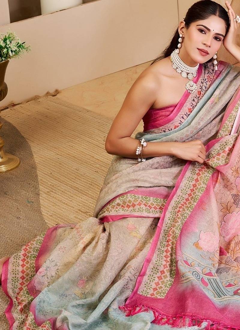 Pink cotton blend floral print saree with blouse