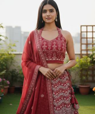 Red Color Faux Georgette Fabric Sequins Embroidered Partywear Lehenga Choli For Girls Wedding Looks 3