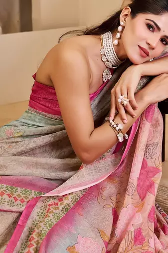 Pink cotton blend floral print saree with blouse
