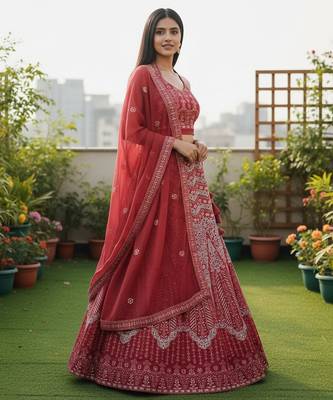 Red Color Faux Georgette Fabric Sequins Embroidered Partywear Lehenga Choli For Girls Wedding Looks 4