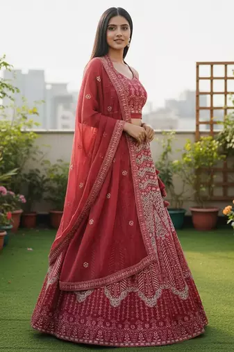 Red Color Faux Georgette Fabric Sequins Embroidered Partywear Lehenga Choli For Girls Wedding Looks