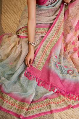 Pink cotton blend floral print saree with blouse 5