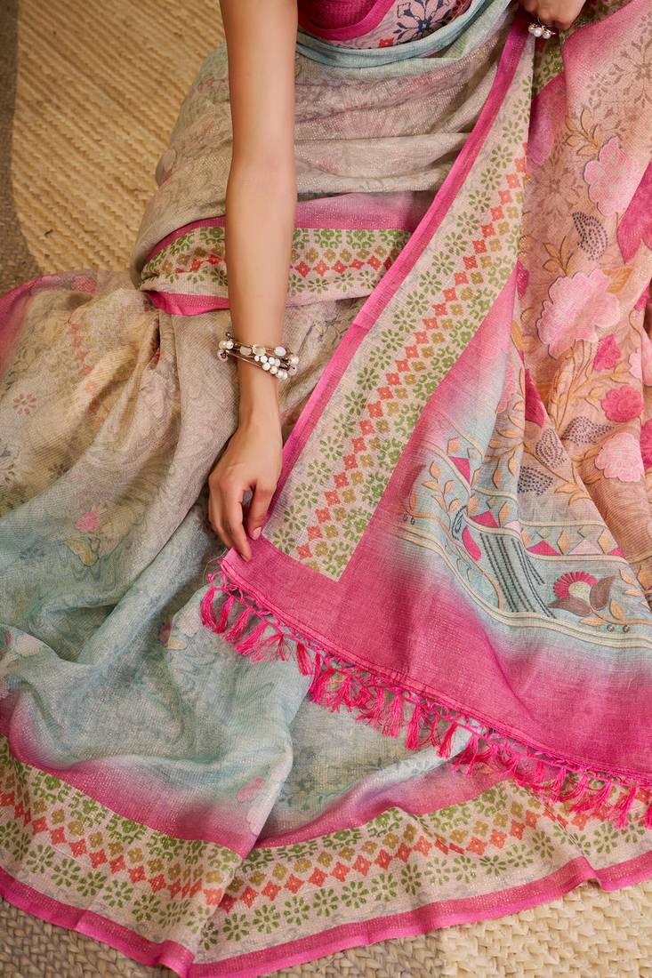 Pink cotton blend floral print saree with blouse