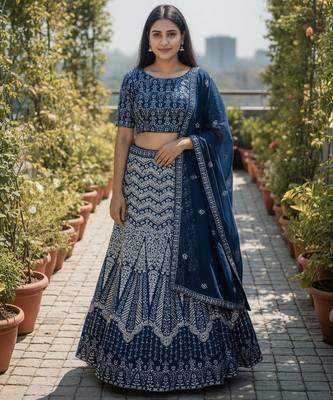 Teal Color Faux Georgette Fabric Sequins Embroidered Partywear Lehenga Choli For Girls Wedding Looks 1