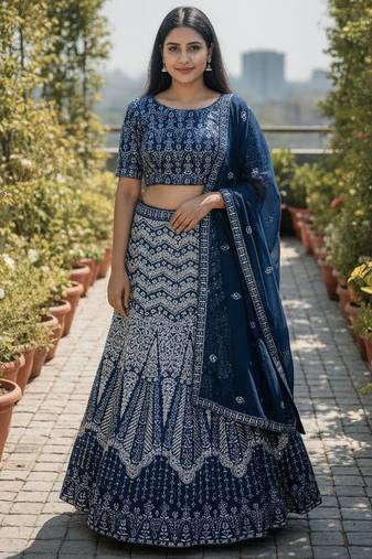Teal Faux Georgette Sequins Embroidered Partywear Lehenga Choli For Girls Wedding Looks