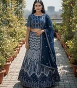 Teal Color Faux Georgette Fabric Sequins Embroidered Partywear Lehenga Choli For Girls Wedding Looks