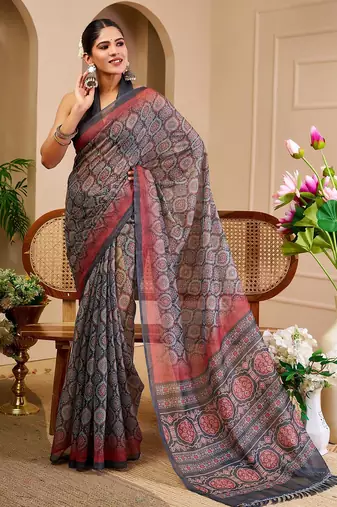 Grey cotton blend geometric print saree with blouse