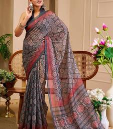 Grey cotton blend geometric print saree with blouse