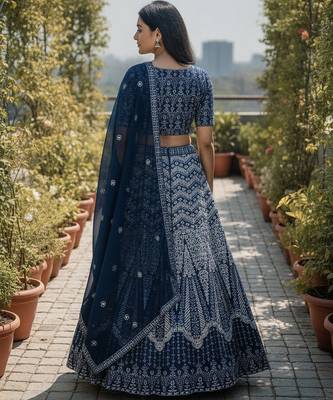 Teal Color Faux Georgette Fabric Sequins Embroidered Partywear Lehenga Choli For Girls Wedding Looks 2