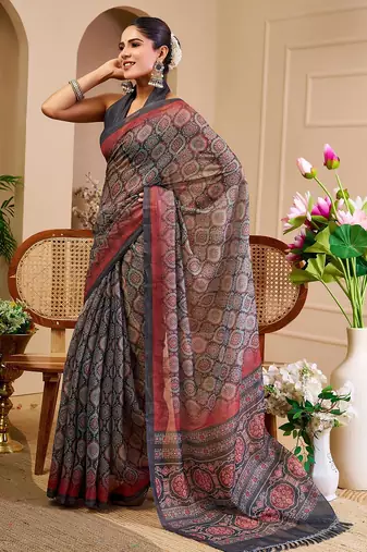 Grey cotton blend geometric print saree with blouse