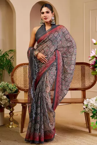 Grey cotton blend geometric print saree with blouse