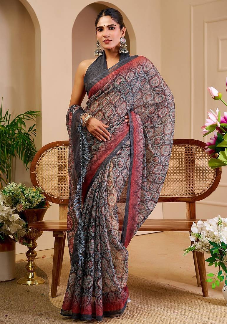 Grey cotton blend geometric print saree with blouse