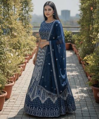 Teal Color Faux Georgette Fabric Sequins Embroidered Partywear Lehenga Choli For Girls Wedding Looks 4