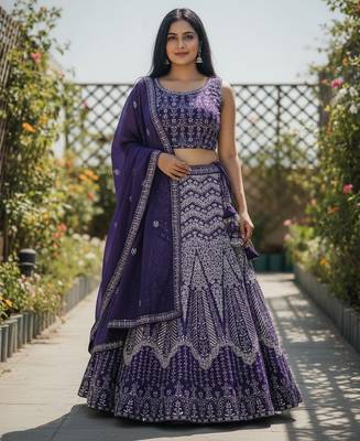 Violet Color Faux Georgette Fabric Sequins Embroidered Partywear Lehenga Choli For Girls Wedding Looks 1