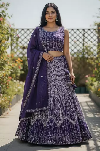 Violet Color Faux Georgette Fabric Sequins Embroidered Partywear Lehenga Choli For Girls Wedding Looks