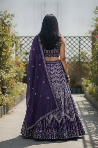 Violet Color Faux Georgette Fabric Sequins Embroidered Partywear Lehenga Choli For Girls Wedding Looks