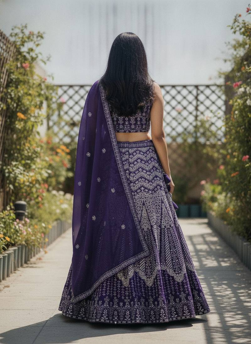Violet Color Faux Georgette Fabric Sequins Embroidered Partywear Lehenga Choli For Girls Wedding Looks