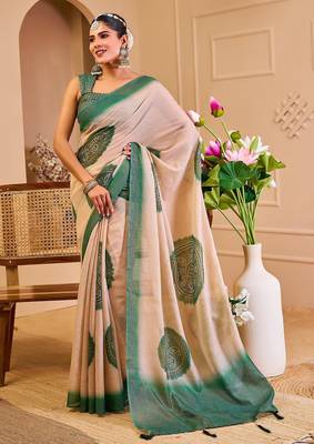 Beige cotton blend geometric print saree with blouse 1