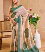 Beige cotton blend geometric print saree with blouse