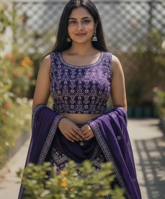 Violet Color Faux Georgette Fabric Sequins Embroidered Partywear Lehenga Choli For Girls Wedding Looks 3