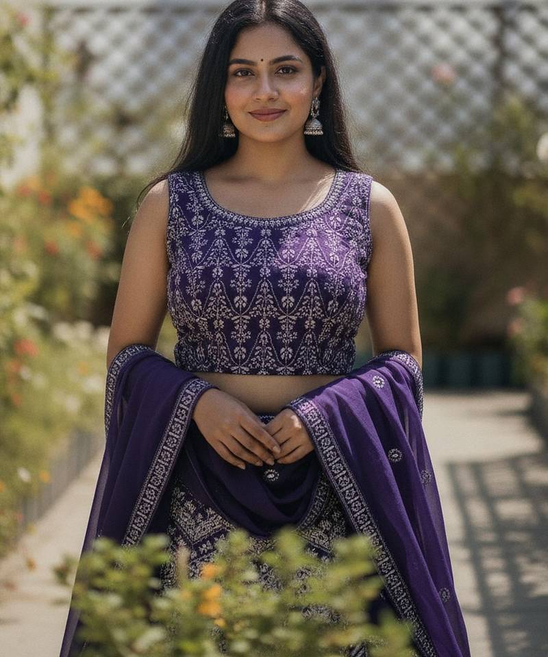 Violet Color Faux Georgette Fabric Sequins Embroidered Partywear Lehenga Choli For Girls Wedding Looks