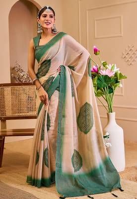 Beige cotton blend geometric print saree with blouse 2