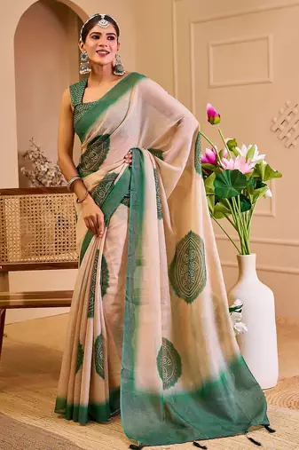 Beige cotton blend geometric print saree with blouse