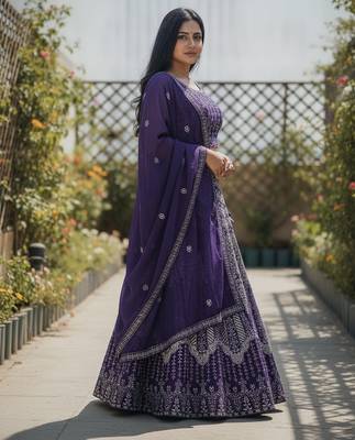 Violet Color Faux Georgette Fabric Sequins Embroidered Partywear Lehenga Choli For Girls Wedding Looks 4