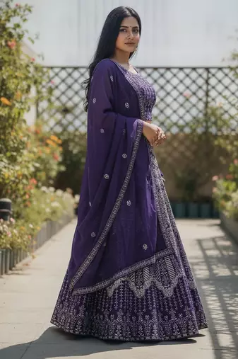 Violet Color Faux Georgette Fabric Sequins Embroidered Partywear Lehenga Choli For Girls Wedding Looks