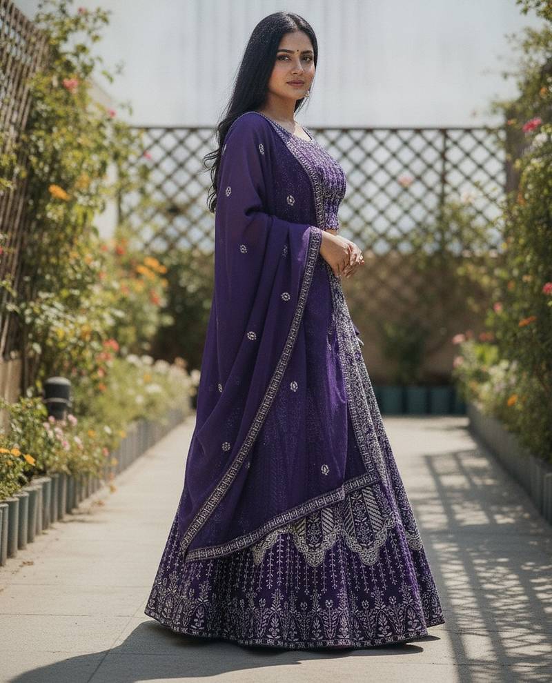 Violet Color Faux Georgette Fabric Sequins Embroidered Partywear Lehenga Choli For Girls Wedding Looks