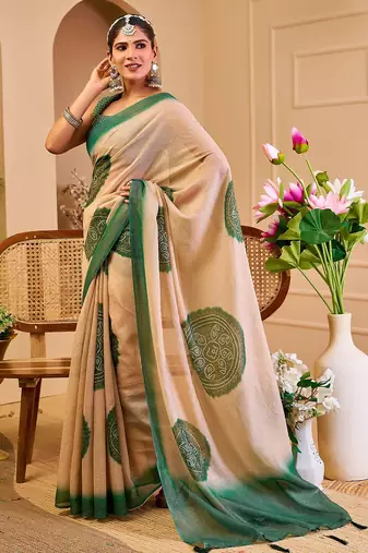 Beige cotton blend geometric print saree with blouse