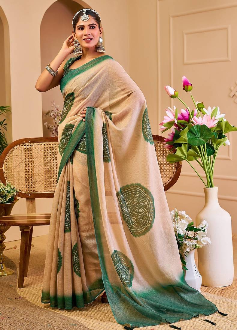 Beige cotton blend geometric print saree with blouse