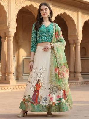 Green Color Satin Silk Fabric Designer Digital Printed Fancy Ethnic Partywear Lehenga 1