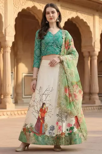 Green Color Satin Silk Fabric Designer Digital Printed Fancy Ethnic Partywear Lehenga