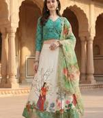 Green Color Satin Silk Fabric Designer Digital Printed Fancy Ethnic Partywear Lehenga