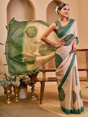 Beige cotton blend geometric print saree with blouse 4