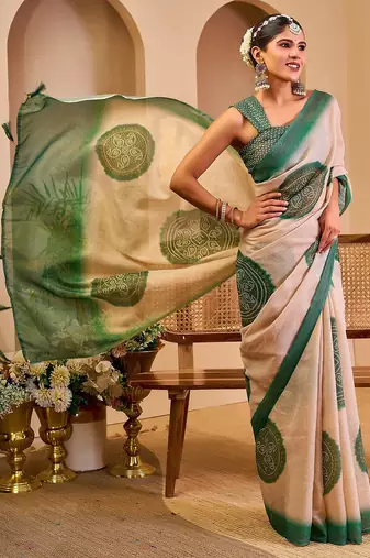 Beige cotton blend geometric print saree with blouse
