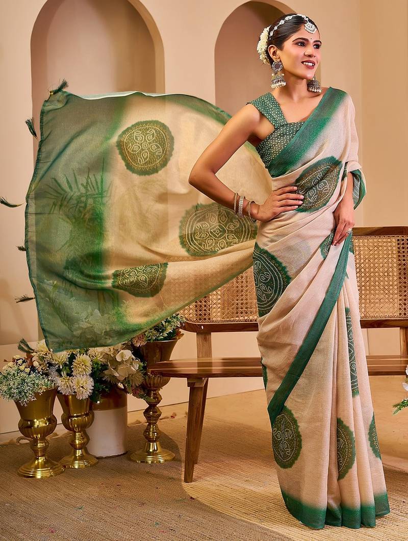 Beige cotton blend geometric print saree with blouse