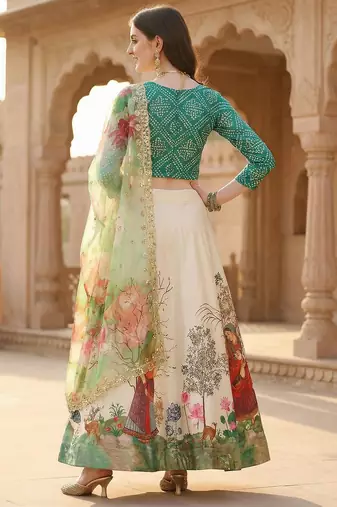 Green Color Satin Silk Fabric Designer Digital Printed Fancy Ethnic Partywear Lehenga